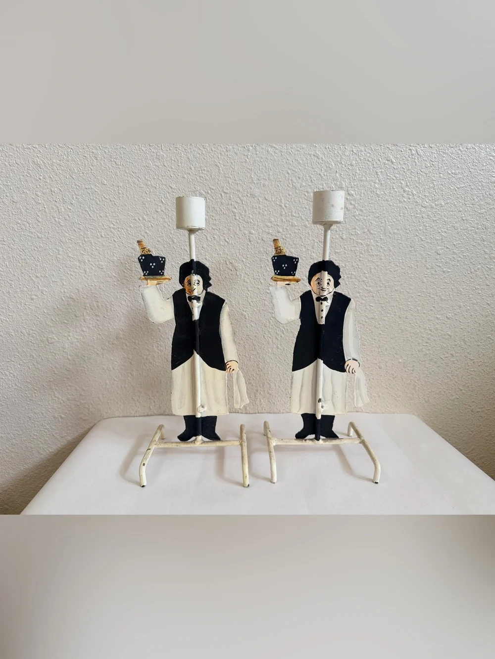 Vintage Pair Hand Painted Metal Waiter Figural Candle Holders French Butler MCM